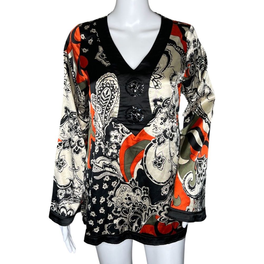 Simply French Shirt Womens Small Black Orange Paisley Blouse Artsy Art to Wear‎